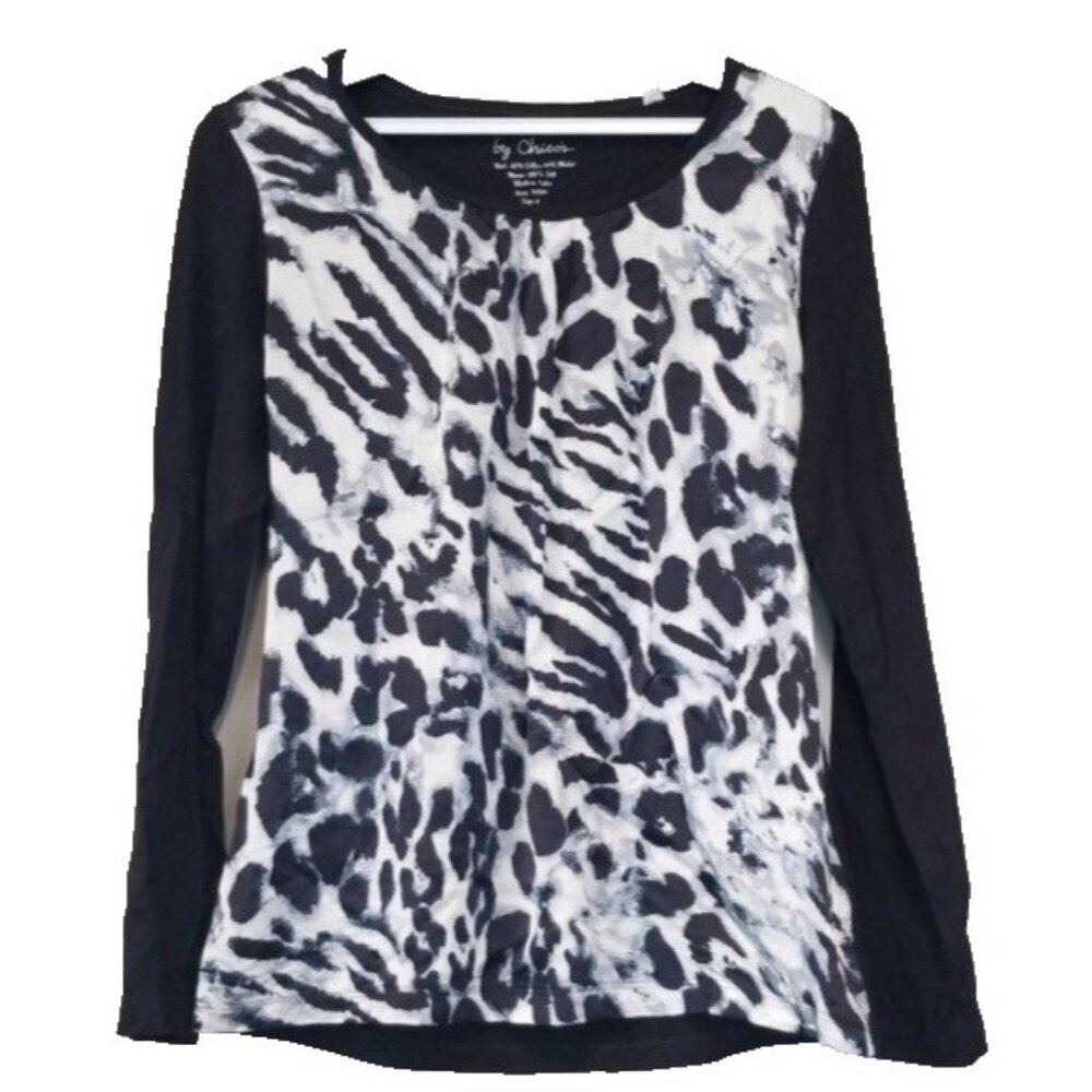 Chicos Womens Top Size Small Black‎ Animal Print Silk Blend Long Sleeve Casual